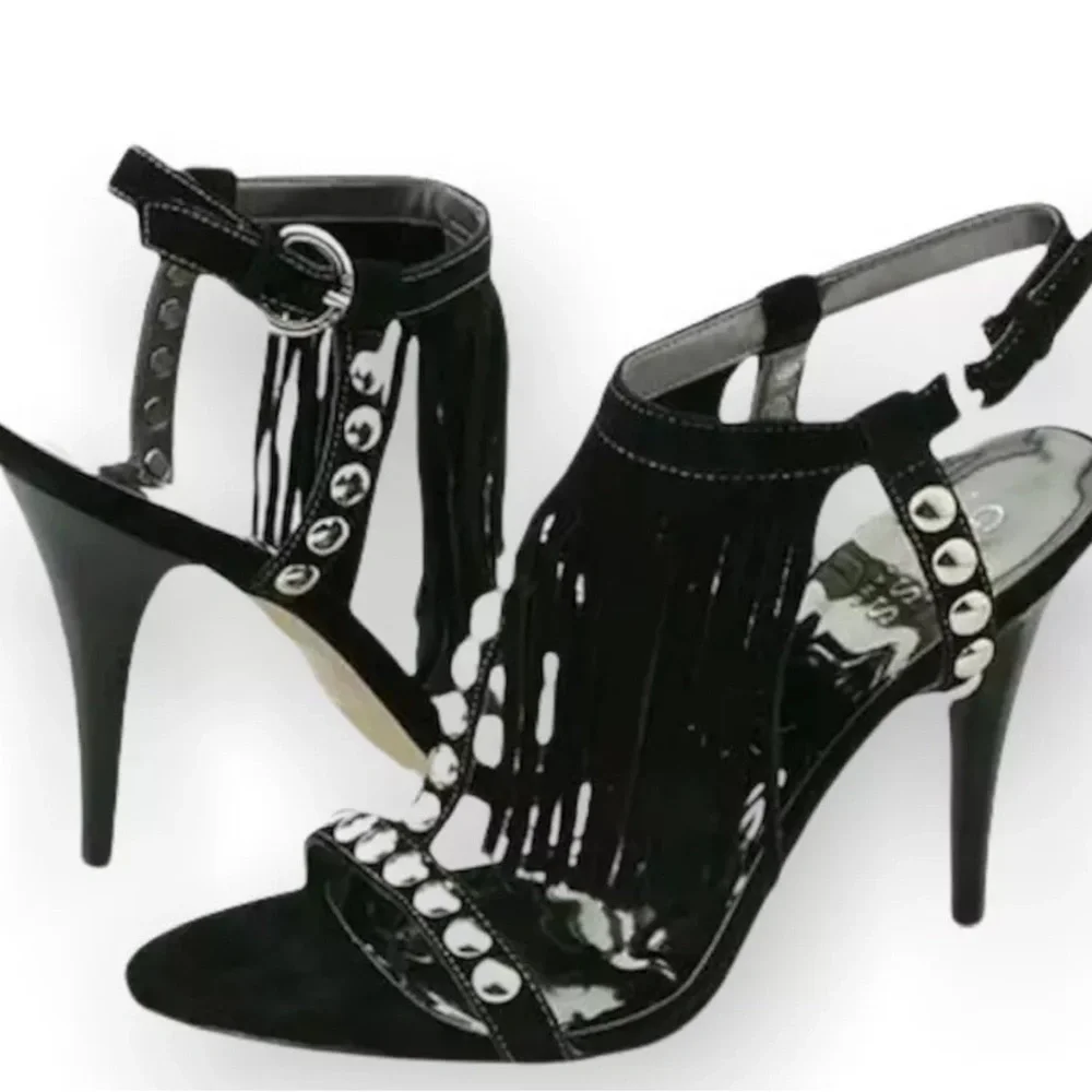 Guess Size 10 black Galiena Strappy heels with Fringe And Silver Studs
